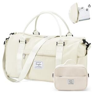 Weekender Gym Bag with Shoe Compartment & toiletry bag, Travel Duffel Bag- Beige